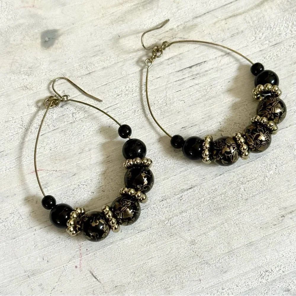 Silver tone black and gold beaded earrings